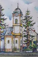 Jelzés nélkül: Kárpátaljai magyar templom. Vegyes technika, papír. Üvegezett fakeretben. 28x20 cm