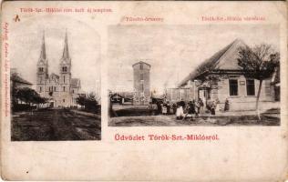 Törökszentmiklós, Római katolikus új templom, Tűzoltó őrtorony, Városháza. Kardos Lajos kiadása (fl)