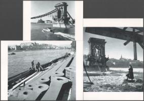 1945 Budapest, a Lánchíd az ostrom után és az újjáépítés kezdete, a legyártott hídelemekkel, 3 db modern nagyítás, jelzés nélkül, 21x15 cm, 15x10 cm és 10x15 cm