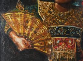 Olvashatatlan jelzéssel (Kendra Der...?): Egzotikus szépség legyezővel. Olaj, vászon. Apró felületi ...