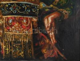 Olvashatatlan jelzéssel (Kendra Der...?): Egzotikus szépség legyezővel. Olaj, vászon. Apró felületi ...