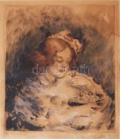 Csók István (1865-1961) - Prihoda István (1891-1956): Züzü. Színezett rézkarc, papír, jelzett (Csók I és Prihoda által). Kissé foltos. Lap szélén kisebb felületi sérülésekkel. 26x23 cm