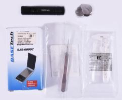 Ékszervizsgáló tétel, ékszermérleg, lupé, Uv lámpa, csipesz, tolómérő, mind újszerű