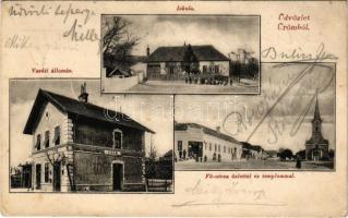 1908 Üröm, vasútállomás, iskola, Fő utca üzlettel és templommal. Götz József kiadása (EB)