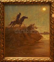 Benyovszky István (1898-1969): Lovaskatona a vízparton. Pasztell, papír, jelzett. Dekoratív, üvegezett, sérült fakeretben, 82×68 cm