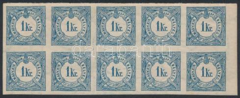 1888 Hírlapilleték bélyeg 1kr ívszéli 10-es tömb, B4 vízjelállással, szép minőségben (12.000)