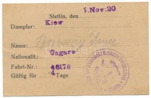 Német Birodalom 1920. névre szóló utazási jegy Stettinből Kijevbe. "Zweigstelle der Abnahmekommission Swinemünde - Stettin" bélyegzővel T:XF German Empire 1920. personal travel ticket from Stettin to Kiev. With "Zweigstelle der Abnahmekommission Swinemünde - Stettin" cancellation C:XF