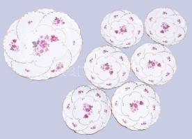 Zsolnay rózsamintás süteményes készlet, jelzett, hibátlan, d: 17-30 cm