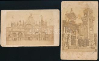 cca 1865 Velence, Olaszország, Szent Márk-székesegyház és Azenál, 2 db keményhátú fotó, hátoldalon feliratozva, foltos, 10,5×6,5 m
