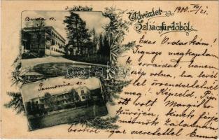 1900 Szliács, Sliac; Buda és Pest szálloda, Pannonia szálloda. Eugen Végh kiadása, szecessziós-virágos keret / hotels, spa. Art Nouveau, floral frame (fl)