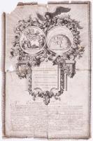 1771 Mária Terézia fia, a Habsburg?Lotaringiai-házból származó Ferdinánd Károly főherceg és az Estei-házból való Mária Beatrix modenai hercegnő 1771-es házasságát és a dinasztia megalapítását ünnepló oklevél. Rézmetszet. Sérülésekkel. 35x53 cm 1771 Certificate celebrating the marriage of Archduke Ferdinand Charles of the House of Habsburg-Lorraine and Princess Maria Beatrix of Modena of the House of Este in 1771 and the founding of the dynasty. Son of Maria Theresa. Engraving. With damages. 35x53 cm