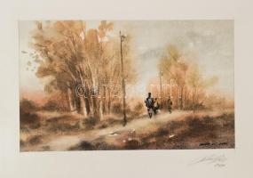 Balázs György (1927-2015): Kirándulók, 1996. Akvarell, papír, jelzett, paszpartuban. 18x29,5 cm