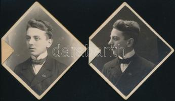 cca 1910 Férfiportré, 2 db keményhátú fotó Baker Alajos selmecbányai műterméből, egyiken sérülés, 8×8 cm