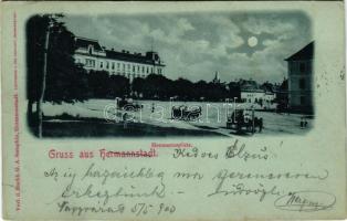 1900 Nagyszeben, Hermannstadt, Sibiu; Hermannsplatz. G.A Seraphin / tér este holdfényben / square at night in moonlight (EK)