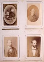 cca 1880 Fa borítású régi fotóalbum, benne 30 db fotóval, széteső állapotban, 28×23 cm