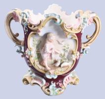 Német fajansz, kaspó, díszváza kézzel festett, hiányos, restaurált, jelzés nélkül 18x21 cm