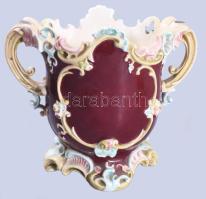 Német fajansz, kaspó, díszváza kézzel festett, hiányos, restaurált, jelzés nélkül 18x21 cm