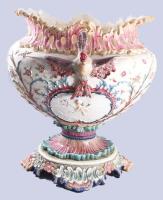 Nagyméretű főnixmadaras kaspó. Eichwald, 19. sz. festett, mázas porcelánfajansz, gazdag rokokós díszítéssel, talpán masszába nyomott gyári jelzés (Eichwald) sérült, restaurált, m:54 cm, sz: 45 cm (CSAK SZEMÉLYES ÁRVÉTEL)