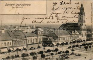 1902 Nagyvárad, Oradea; Szent László tér, Kalenda János, László Gőzhengermalom, Palkovics Imre, Gyógyszertár az Arany Sashoz, Kunz József és Társa, Beczkay Lajos, Pántya Péter, Bercer Adolf üzlete. Schönfeld Sámuel kiadása / square, shops, steam mill advertisement, pharmacy (vágott / cut)