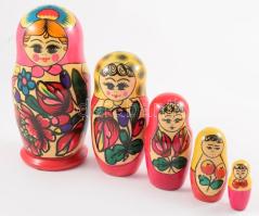 5 darabos matrjoska baba, kézzel festett fa. 18 cm ig