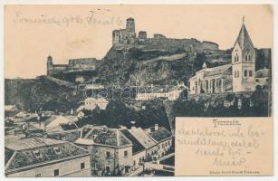 1902 Trencsén, Trencín; templom, vár. Szold Henrik kiadása / Trenciansky hrad / church, castle (ázott / wet damage)