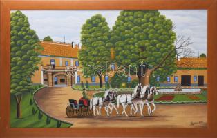 Böröcz jelzéssel, (XX. sz. végi naiv festő): Bábolnai ménesudvar ötösfogattal, 1995. Olaj, farost. F...