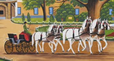 Böröcz jelzéssel, (XX. sz. végi naiv festő): Bábolnai ménesudvar ötösfogattal, 1995. Olaj, farost. F...