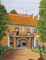 Böröcz jelzéssel, (XX. sz. végi naiv festő): Bábolnai ménesudvar ötösfogattal, 1995. Olaj, farost. F...