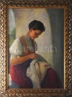 Edvi Illés Aladárné, Karády Etel (1877-1963): Varró lányka népviseletben. Olaj, vászon, jelzett. Javított. Dekoratív, kissé sérült fakeretben, 80×60 cm