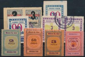 10db-os városi okmánybélyeg, illetékbélyeg tétel, benne Miskolc ínségbélyeg, Miskolc újjáépítési illetékbélyeg, Szeged 800P felülbélyegezve 100.000P, felülbélyegezve 3Ft címletre, stb.