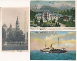 3 db RÉGI magyarországi és felvidéki város képeslap vegyes minőségben: Kassa, Balatoni hajó és Tátra, az egyiken "Kassa visszatért" bélyegzéssel / 3 pre-1945 Hungarian and Upper Hungarian town postcards in mixed quality + "1940 Kassa visszatért" So. Stpl.