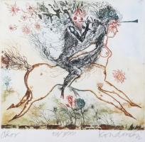 Kondor Lajos (1926-2006): Ókor. Színes rézkarc, papír, jelzett, művészpéldány EA V(?)/XV számozással, üvegezett fakeretben, 17,5×19 cm