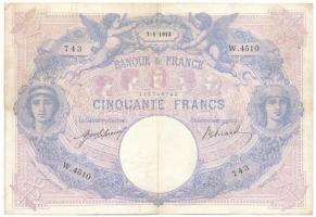 Franciaország 1913. 50Fr T:F beszakadás, tűlyukak, egyébként erős papír France 1913. 50 Francs C:F tear, pin holes, otherwise strong paper Krause P#64