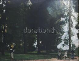 Burghardt Rezső (1884-1963): Társaság a parkban. Olaj, vászon, jelezve jobbra lent. Dekoratív, üvegezett fakeretben. 60x80 cm