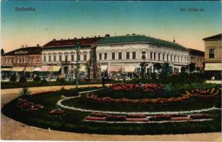 1917 Szabadka, Subotica; Szt. István tér, Tumbász Ferenc és Sugár Béla üzlete. Vasúti levelezőlapárusítás 112. 1915. / square, shops (EK)