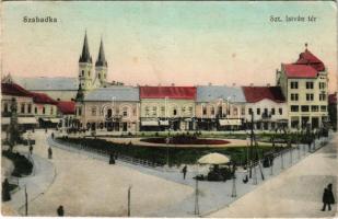 Szabadka, Subotica; Szent István tér, gyógyszertár, Kramer Béla üzlete. Lipsitz kiadása / square, pharmacy, shops (r)
