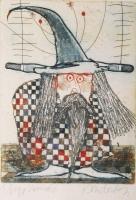 Kondor Lajos (1926-2006): A Nagy Varázsló. Színes rézkarc, papír, jelzett, üvegezett fakeretben, 23×16,5 cm