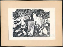 Berki Viola (1932-2001): József és testvérei, nyomat, papír, jelzett Berki Viola autográf ajánlásával, papírra kasírozva, 12,5×17 cm