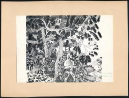 Berki Viola (1932-2001): Mesejelenet, nyomat, papír, jelzett Berki Viola autográf ajánlásával, papírra kasírozva, feltehetően vágott, 14,5×16 cm