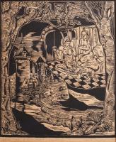 Révész Napsugár (1944-): Thomas Mann, A kiválasztott (illusztráció). Linómetszet, papír, jelzett, paszpartuban, 20×16,5 cm