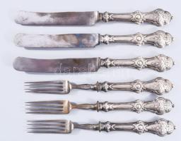 Ezüst (Ag) nyelű 3 darab villa és 3 darab kés, h: 19-21 cm