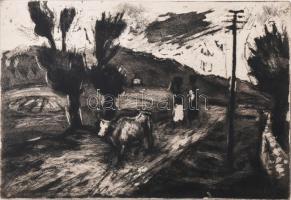 Iván Szilárd (1912-1988): Úton (cím nélkül). Rézkarc, aquatinta, papír, jelzett, kartonra kasírozva. Lapszéli ázásnyommal. 19,5x29 cm