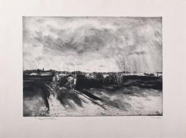 Novák Lajos (1927-1989): Őszi munkák (Trágyahordás). Rézkarc, papír, jelzett. 30x38 cm