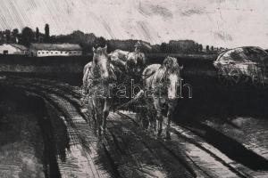 Novák Lajos (1927-1989): Őszi munkák (Trágyahordás). Rézkarc, papír, jelzett. 30x38 cm