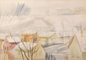 Göldner Tibor (1929-2013): Ködös téli Sugovica (Baja), 1983. Akvarell, papír, jelzett. Hátoldalán autográf felirattal. Paszpartuban. 33,5×48 cm