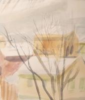 Göldner Tibor (1929-2013): Ködös téli Sugovica (Baja), 1983. Akvarell, papír, jelzett. Hátoldalán au...