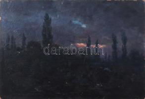 Keleti (Kelety) Gábor (1870-?): Naplemente, olaj, karton, jelzés nélkül (?), bal alsó és jobb alsó sarkában autográf felirattal, 24×34 cm