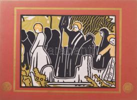 Csók István (1865-1961): A darazsi temetőben. Színes linómetszet, papír. Megjelent 1911-ben, a Művészház (Művészeti Egyesület) által kiadott, Modern Magyar Képtár c. mappában. Apró lapszéli elszíneződéssel. 21x26 cm