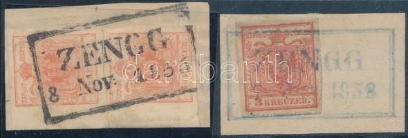1850 2 x 3kr kivágáson "ZENGG" bélyegzéssel + 3kr kivágáson kék "ZENGG" bélyegzéssel