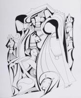 Lajos Ferenc (1912-1998): Jelenet, 1982. Tus, papír, jelzett. 35x26 cm. Paszpartuban.